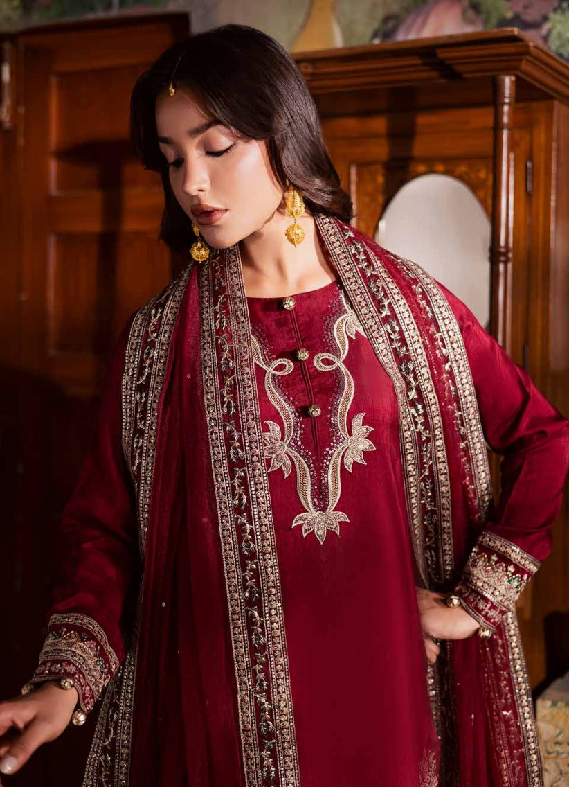 Deep Red Silk Kurta with Embroidered Beige Shalwar