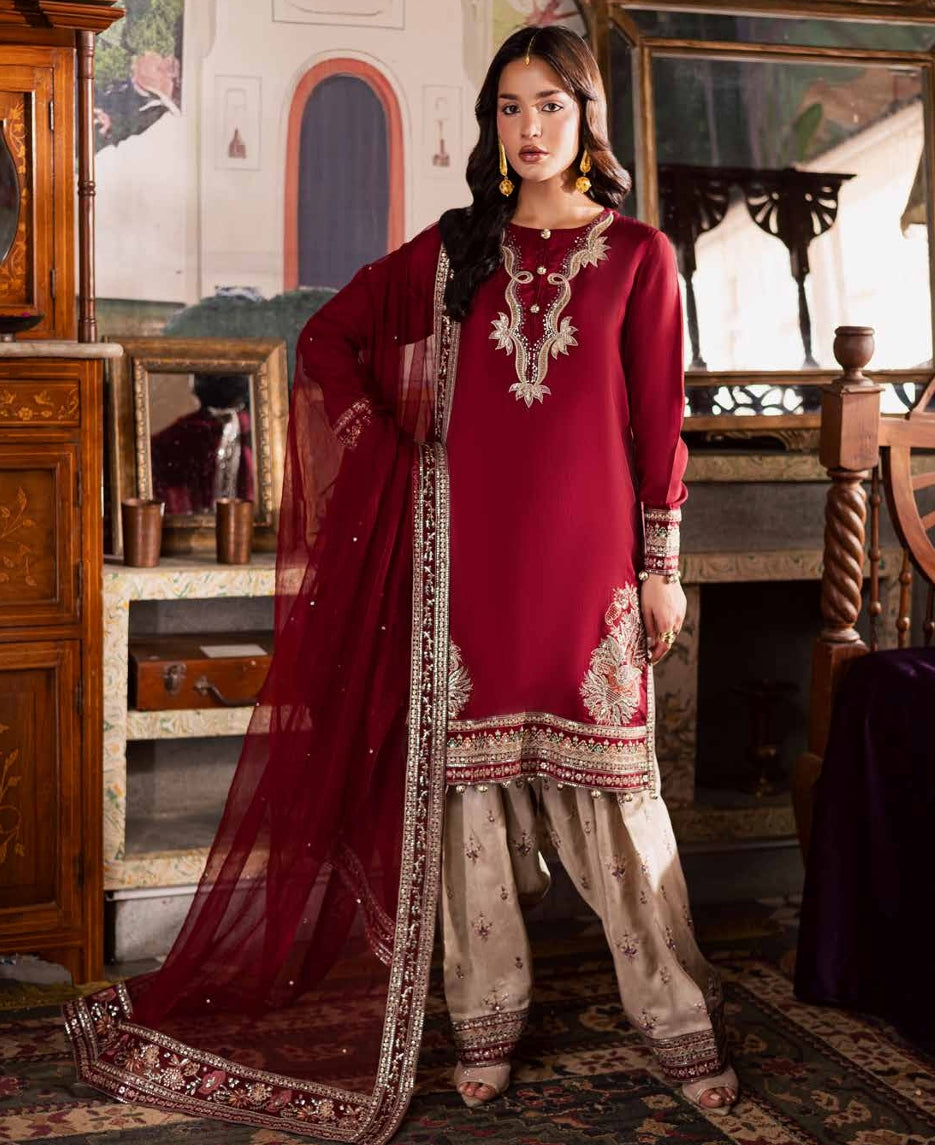 Deep Red Silk Kurta with Embroidered Beige Shalwar