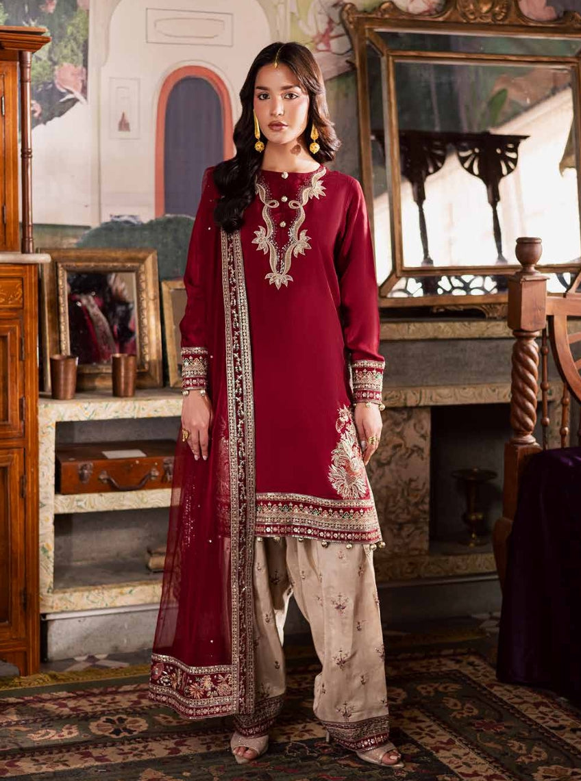 Deep Red Silk Kurta with Embroidered Beige Shalwar