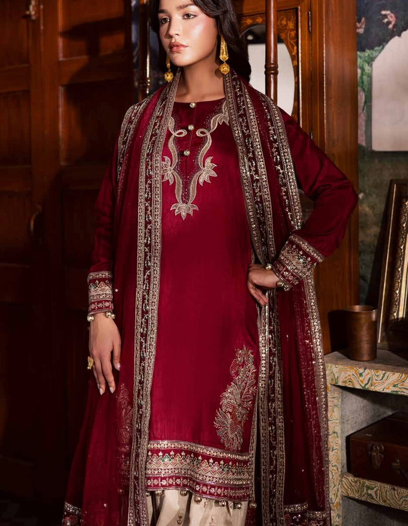 Deep Red Silk Kurta with Embroidered Beige Shalwar