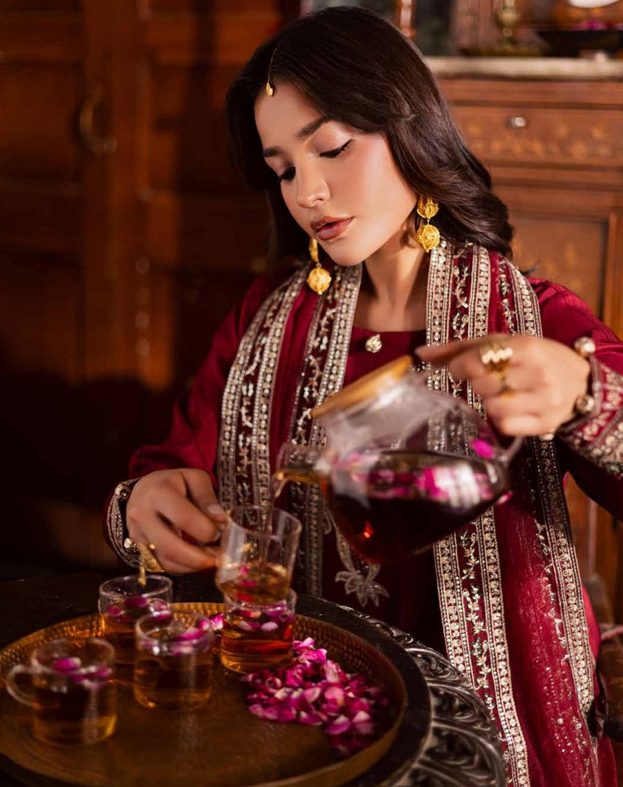 Deep Red Silk Kurta with Embroidered Beige Shalwar