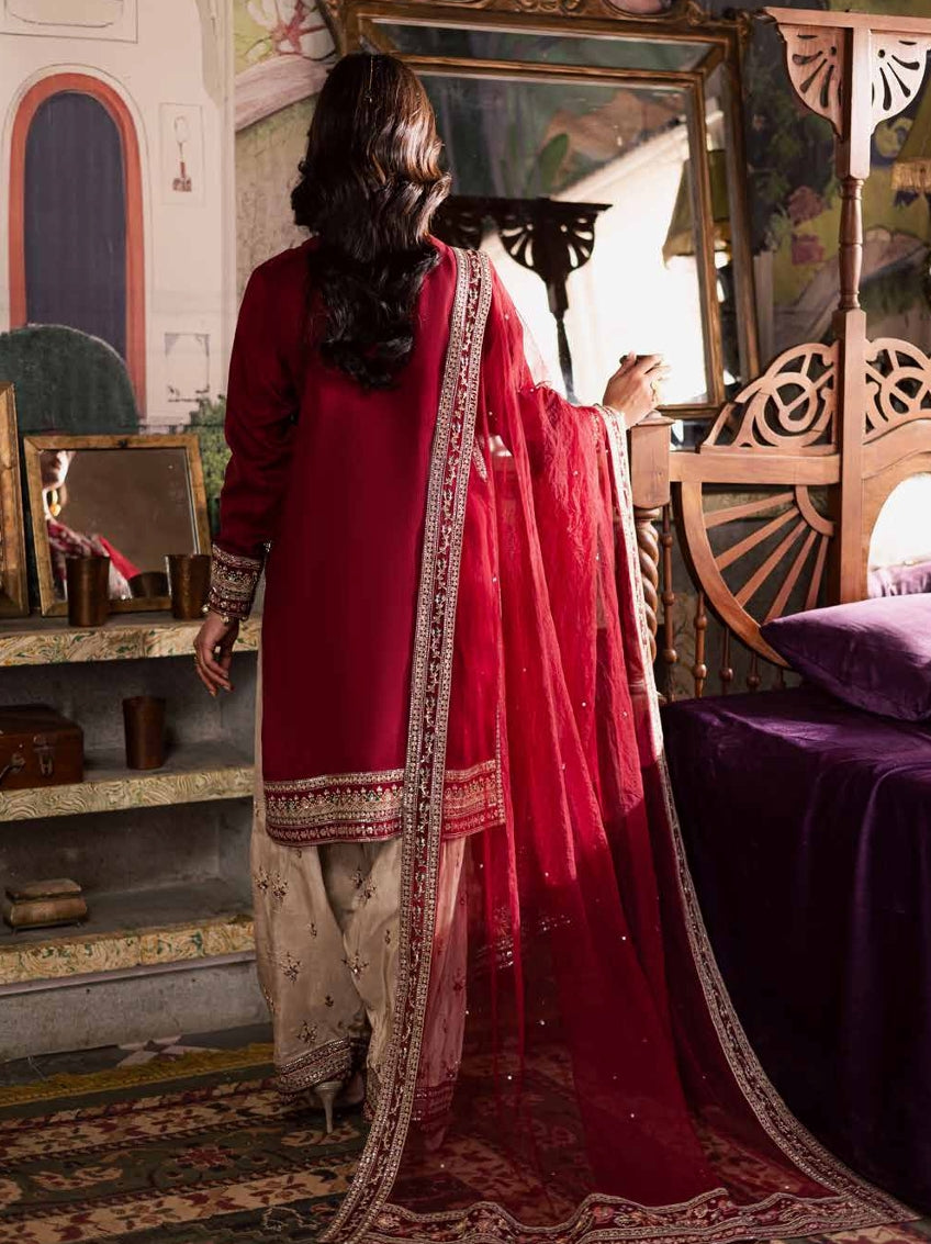 Deep Red Silk Kurta with Embroidered Beige Shalwar