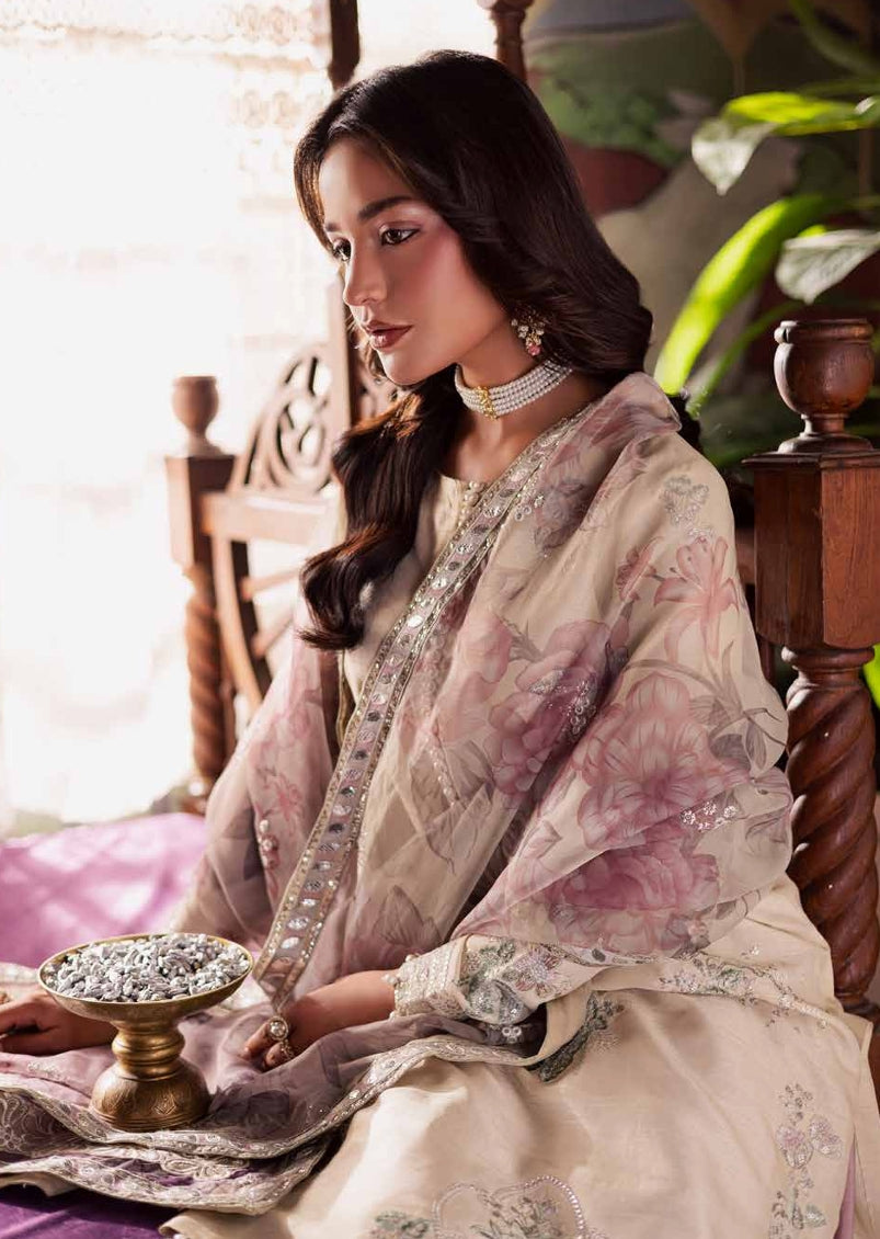Soft Cream Silk Suit with Pastel Purple Embellishments