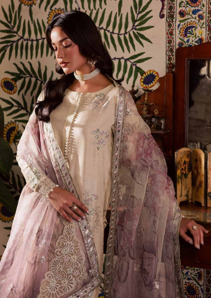 Soft Cream Silk Suit with Pastel Purple Embellishments