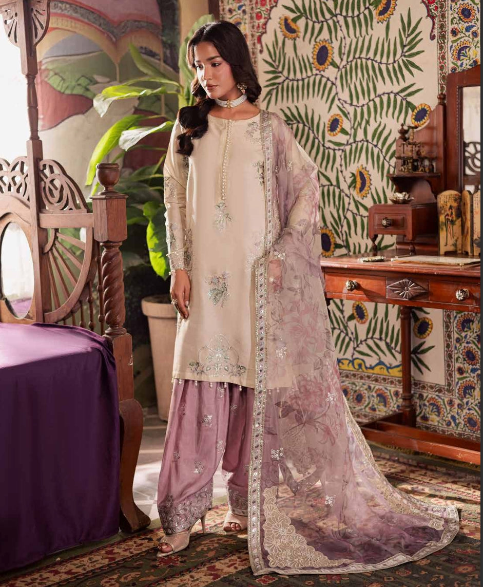 Soft Cream Silk Suit with Pastel Purple Embellishments
