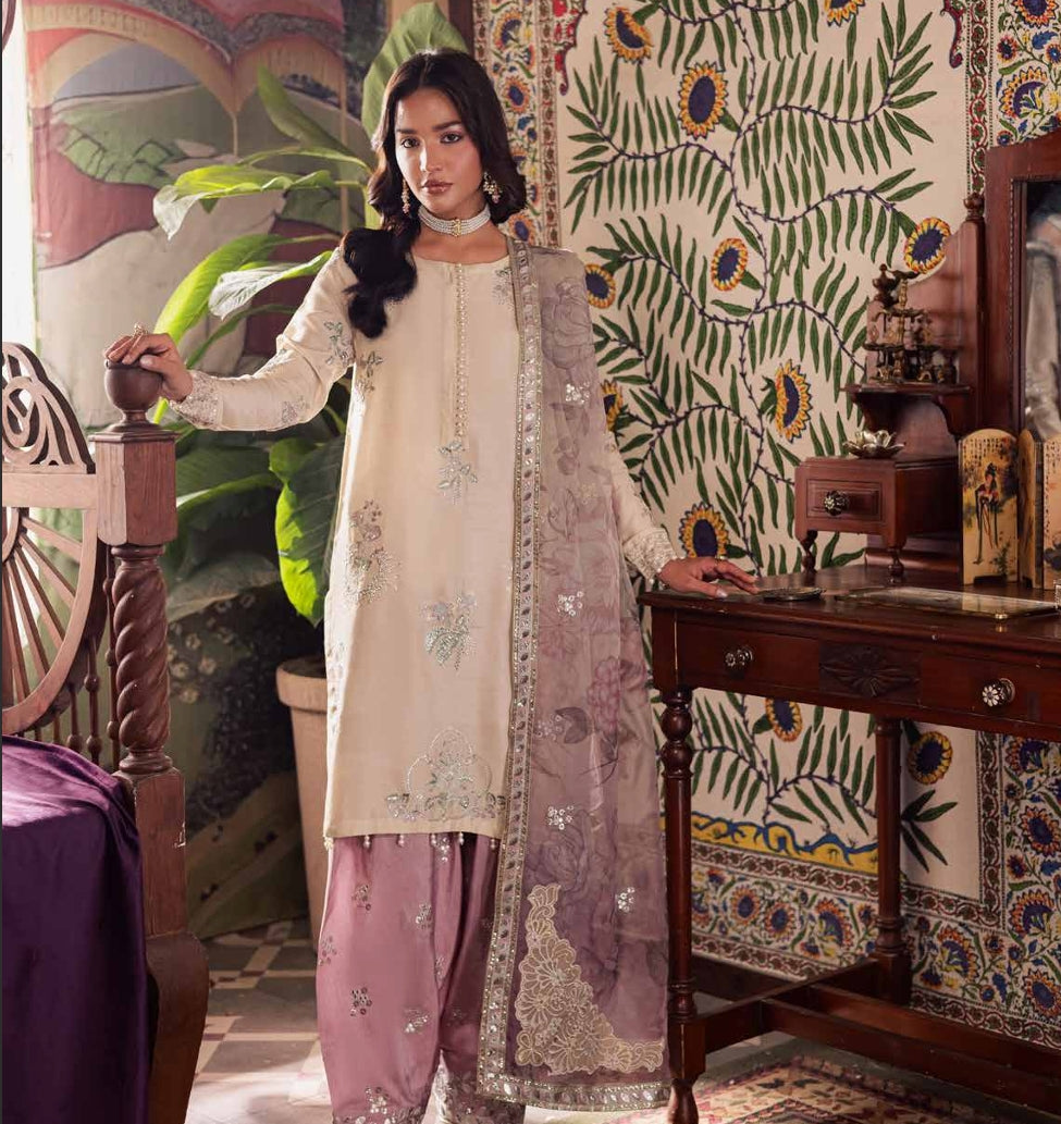 Soft Cream Silk Suit with Pastel Purple Embellishments