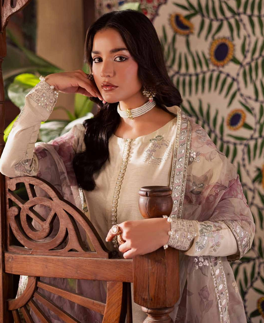 Soft Cream Silk Suit with Pastel Purple Embellishments