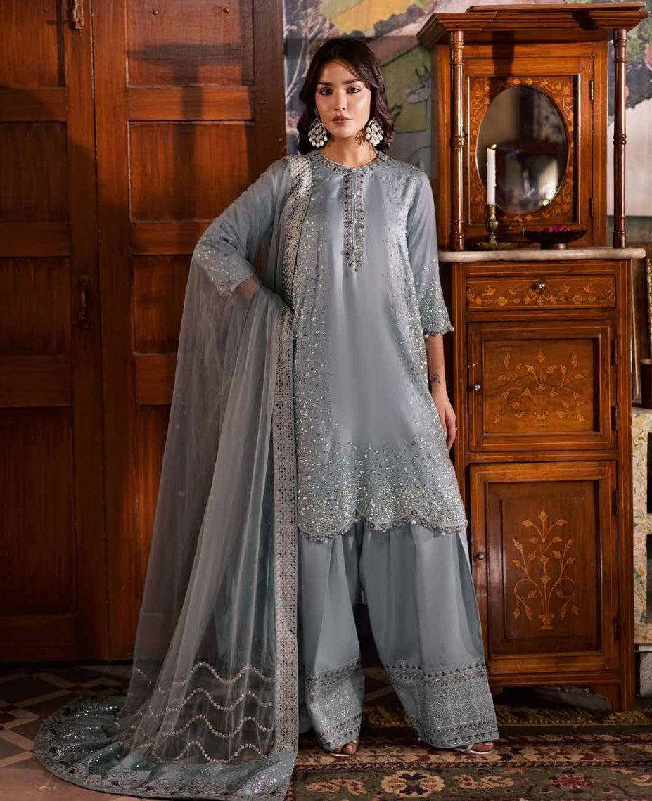 Dusty Blue Heavy Embroidered Formal Silk Ensemble