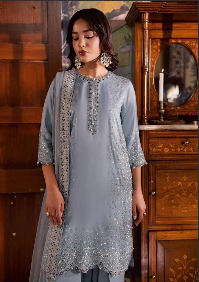 Dusty Blue Heavy Embroidered Formal Silk Ensemble