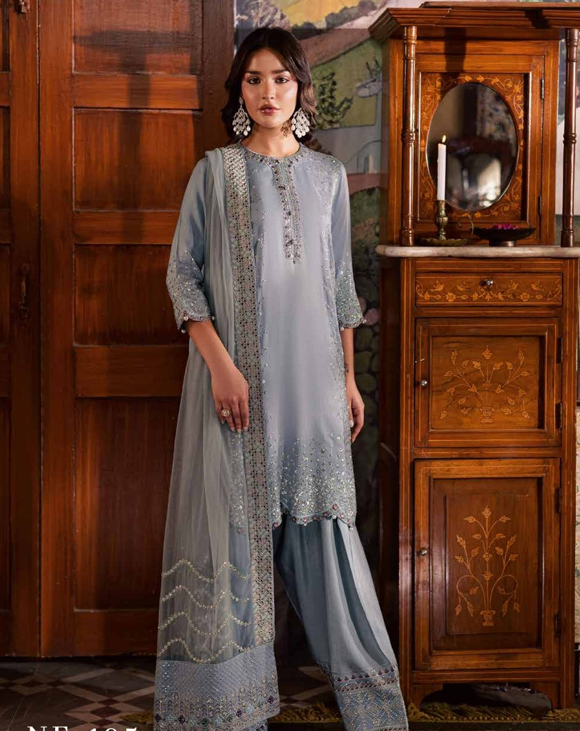 Dusty Blue Heavy Embroidered Formal Silk Ensemble