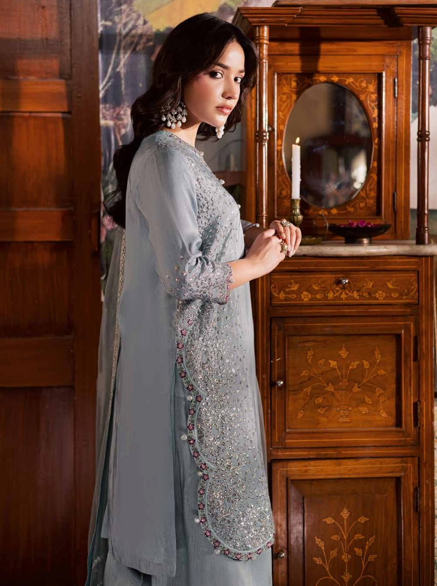Dusty Blue Heavy Embroidered Formal Silk Ensemble